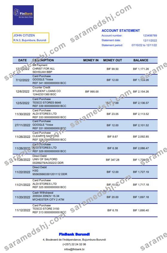 Burundi Finbank bank statement